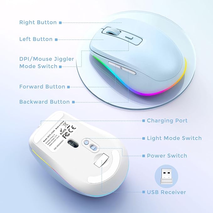 PEIOUS Wireless Mouse Jiggler - LED Wireless Mice with Build-in Mouse Mover, Rechargeable Moving Mouse for Laptop with Undetectable Random Movement Keeps Computers Awake - Light Blue
