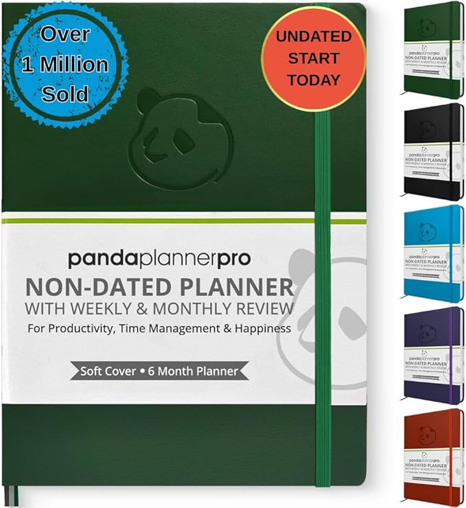 Panda Planner Pro A4 Daily Planner 2026 – 6 Month Undated Daily Productivity Planner with Large 8.5x11 Layouts, Weekly & Monthly Calendar Planner, Goal Tracker, Habit Tracker & Time Management Organizer – Dark Green
