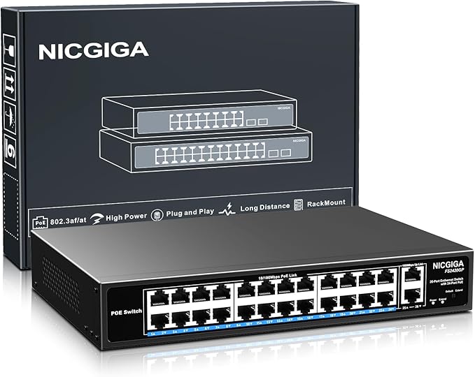 24 Port PoE Switch Unmanaged, 24 Port PoE+@400W, 2 Gigabit Uplink Ports, NICGIGA 26 Port Network Power Over Ethernet Switch, VLAN Mode, 250m Extend, 19 inch RackMount, Plug and Play.