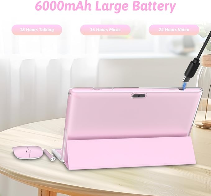 Android 15.0 10Inches Tablet, 18GB RAM+128GB ROM+2TB Expandable, Tab Set with Keyboard/Case/Mouse/Stylus, 2.0GHz Quad-core Processor, 1280 * 800 IPS HDScreen, 5G WiFi6 BT 5.0 (Pink)