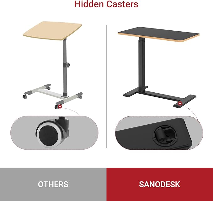 SANODESK Medical Adjustable Overbed Bedside Table with Hidden Casters, Pneumatic Mobile Laptop Computer Standing Desk Cart with Tray, Hospital and Home Use(27.6" W x 15.7" D, Black)