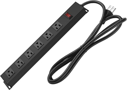 Metal Wall Mount Power Strip, Mountable Power Outlet with 6 AC Outlets, Aluminum Alloy Mount Power Socket with Switch, 3 FT SJT 3/C 14AWG Power Cord, 15A 125V 1875W (6AC) Black