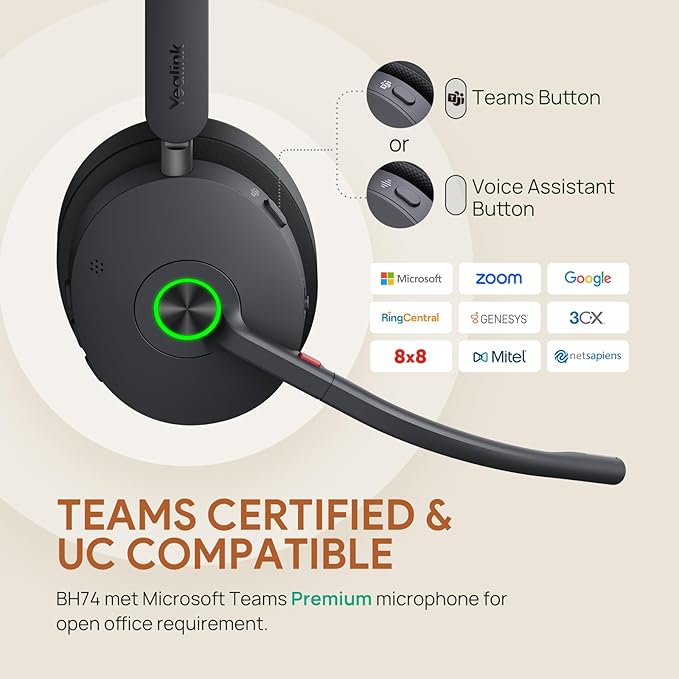Yealink BH74 Active Noise Canceling Wireless Headset with Mic for Work, 6-mics Hybrid ANC Tech, Microsoft Teams Premium Open Ofﬁce Certified Headsets Bluetooth 5.3, up to 32h Talking, UC Compatible