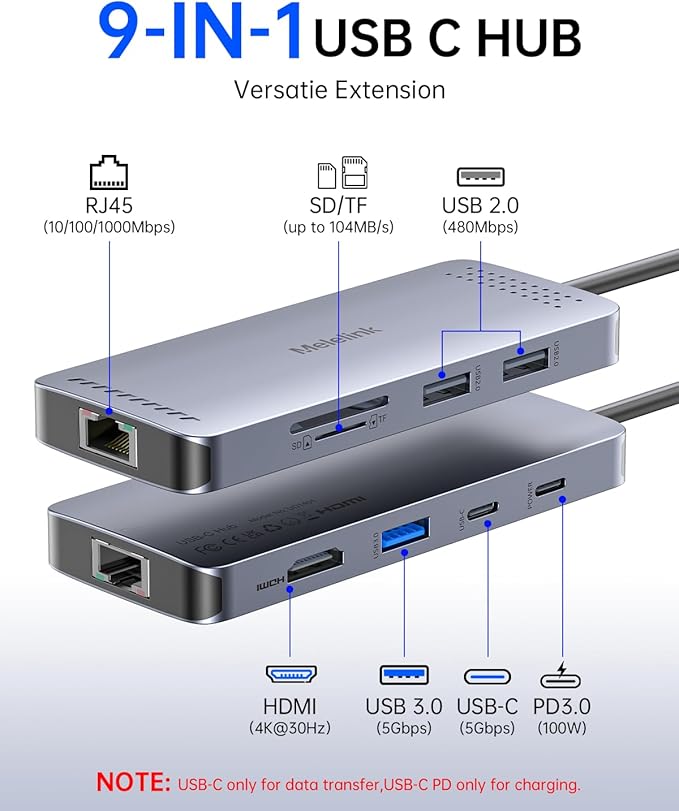 USB C Hub Ethernet, 9 in 1 USB-C to Ethernet Multiport Adapter Dongle with HDMI 4K@60Hz, 100W PD Charging, Gigabit RJ45, SD/TF Card Reader, USB A&C 3.0, USBC Dock for MacBook, Dell, Lenovo, HP