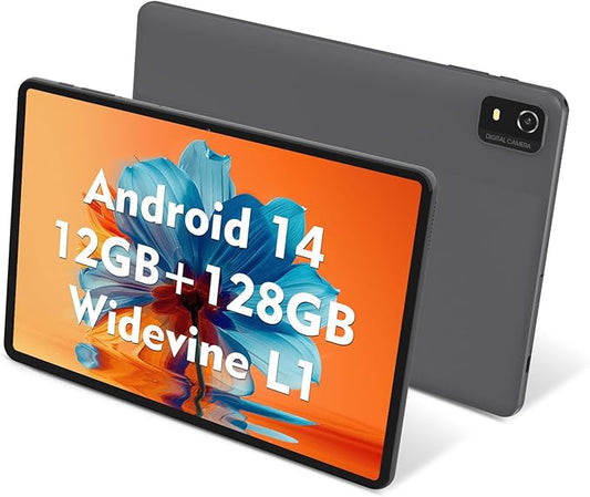 CWOWDEFU 10 Inch Android 14 Tablet, 12GB+128GB, Expandable 1TB, WiFi 6, Dual 8MP+5MP Cameras, Face ID & Gaming (Grey)