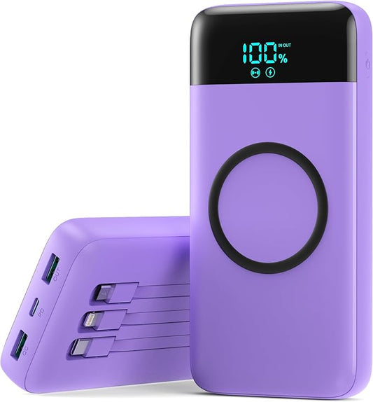 Wireless Portable Charger 40800mAh for iPhone with 3 Built-in Cables,7-in-1 15W Wireless Charging USB C Power Bank,LCD Display 25W PD QC 4.0 Fast Charging Battery Pack for iPhone 16/15/14/13 -Purple