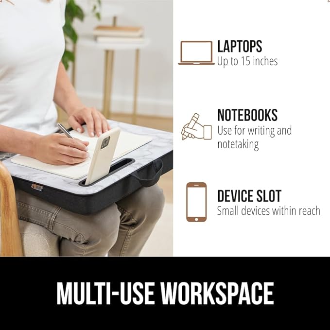 GORILLA GRIP Laptop Lap Desk with Phone Holder, Pillow Cushion Desks Fit Laptops up to 15.6", Tray Ledge Keep Computers in Place, Portable Travel Workstation Essentials for Home, Dorm, Marble Pattern