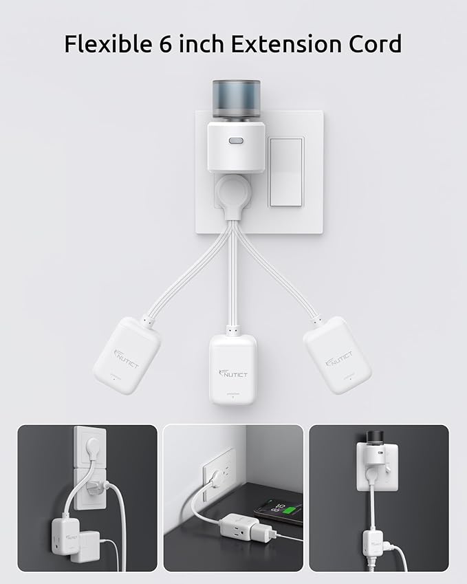 Short Extension Cord 6 Inch, ETL Listed, Flat Outlet Extender with 900J Surge Protector, 15A/1875W, 3 Way Multi Plug Outlet Splitter for Kitchen Bathroom Office Tight Spaces, White