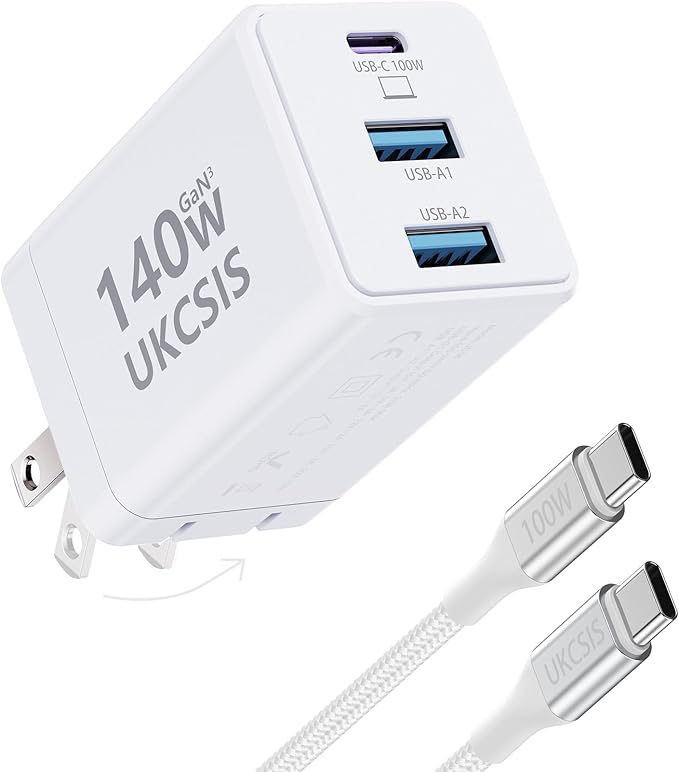 140W Mac Book Charger, USB C Fast Charger Foldable 3-Port Multi-Device Fast Power Adapter, USB C Charger for MacBook pro/Air, Dell, Samsung Galaxy, iPad Pro, and More (White)