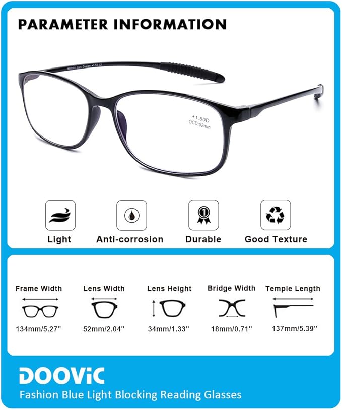 DOOViC Reading Glasses 4 Pack Blue Light Blocking Anti Eyestrain Flexible Lightweight Computer Readers for Men Women