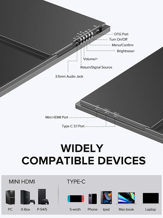 UPERFECT 24.5" Portable Monitor 240Hz Gaming Monitor 1200:1 Contrast FreeSync 0.1ms Fast IPS Large Screen, Built-in 180° Adjustable Stand/VESA, USB-C HDMI Second Screen for Laptop, Phone, Game Console