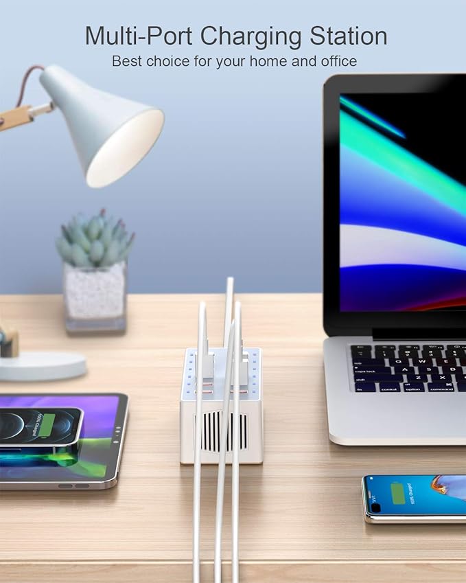 USB Charger 12-Ports Charging Station for Multiple Devices USB Wall Charger Power Hub Strip Smart Plug Charging Dock Block for iPhone Xs/XR,iPad,iPod,Galaxy S9/S8,Smart Phones 60W