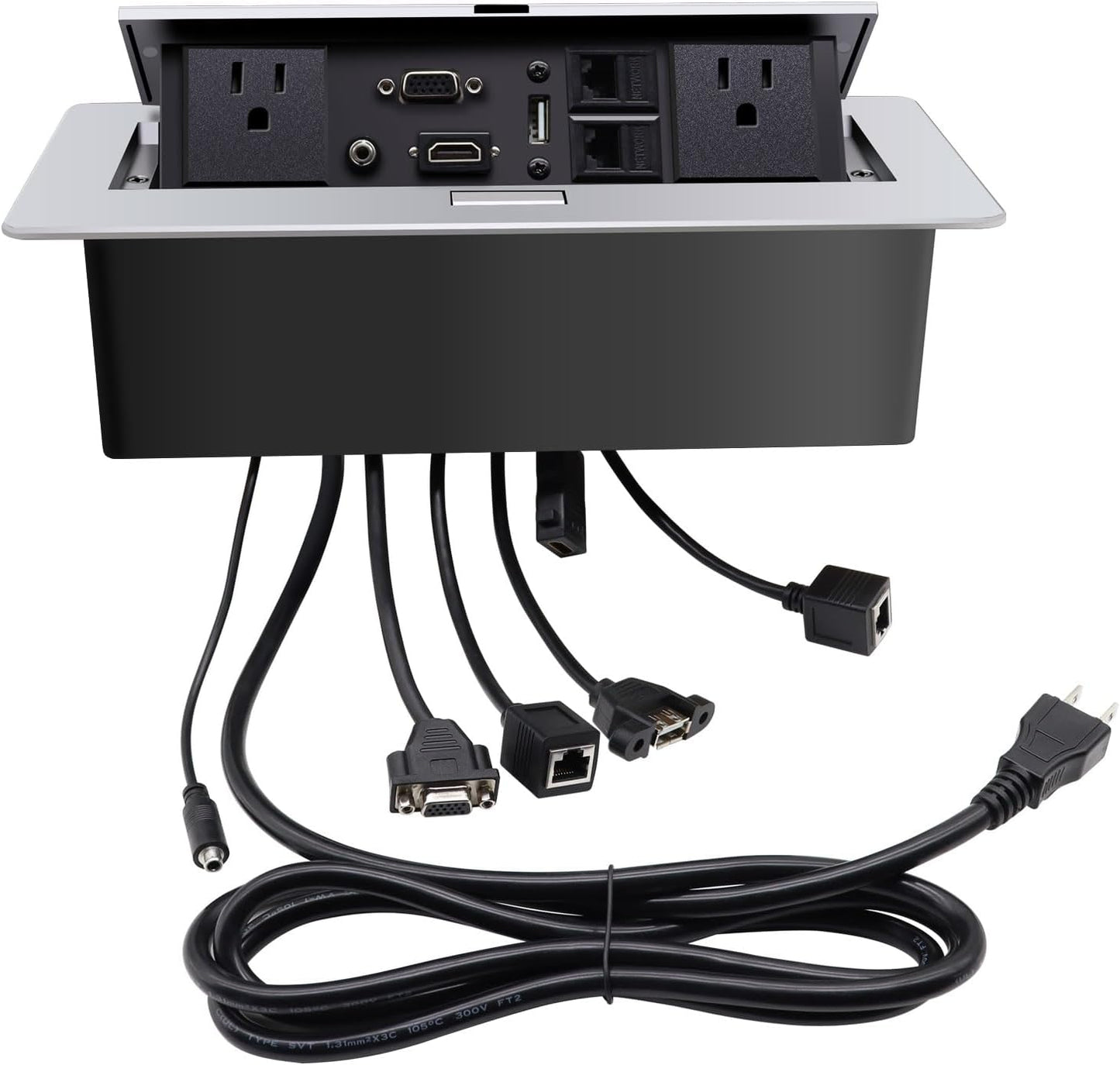 Pop Up Outlet; Pop up Power Strip; Embedded countertop Connection Outlet Box; 2 Outlets Max Power 1875W,HDMI USB VGA 3.5mm Audio Network Port Conference Table Multimedia Outlet Box -Silver