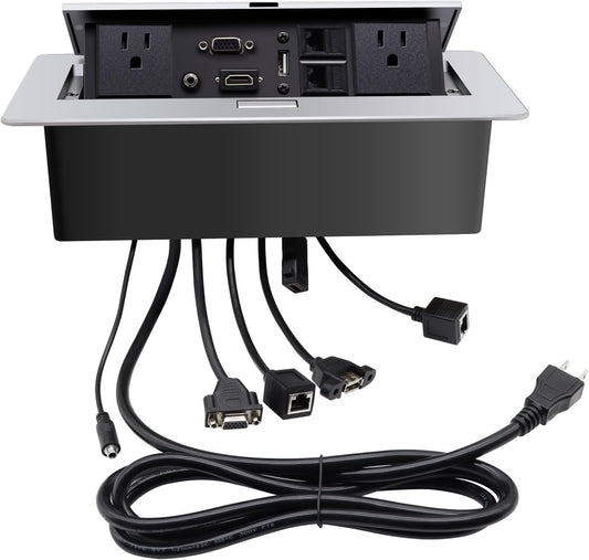 Pop Up Outlet; Pop up Power Strip; Embedded countertop Connection Outlet Box; 2 Outlets Max Power 1875W,HDMI USB VGA 3.5mm Audio Network Port Conference Table Multimedia Outlet Box -Silver