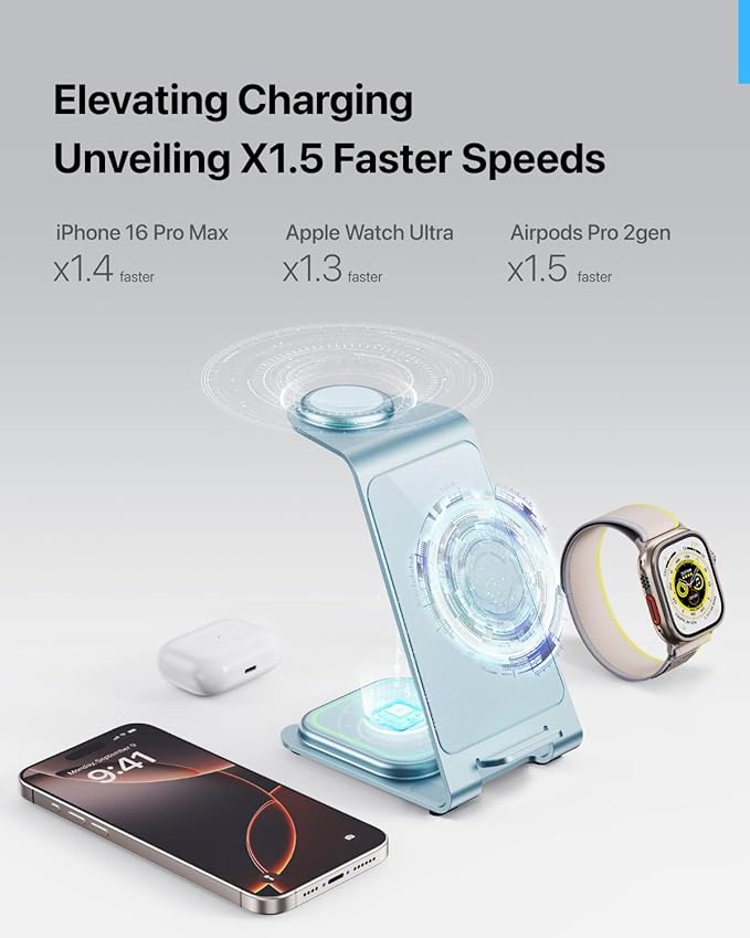 Intoval 3 in 1 Wireless Charging Station for iPhone 17 16 15 14 13 12 11 X Pro Max, Wireless Charger for Apple Watch Ultra 3 SE 9 8 7 6 5 4 3 2, for AirPods 4 Pro Pro 2 3 (Y93, Blue)