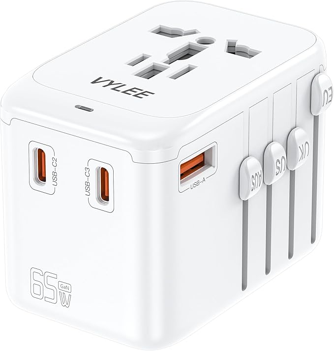 Travel Plug Adapter, 65W Fast GaN Travel Charger, International Plug Adapter with 3 USB-C PD and 1 USB-A QC with US/EU/UK/AU Convenient for iPhone,Samsung,Laptops