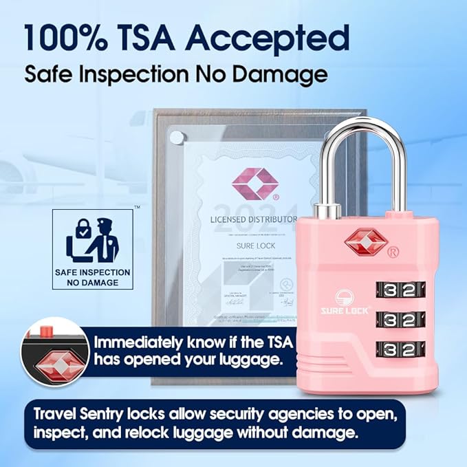 SURE LOCK TSA Locks for Luggage, TSA Approved Luggage Locks with Open Alert, TSA008 Key for High Security, Easy Read Dials, Zinc Alloy Body, Locker Lock for Suitcase, Gym, Travel(Pink 1 pk)