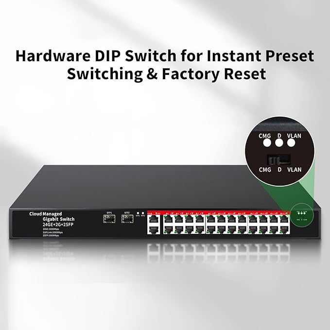 STEAMEMO 26-Port Gigabit Ethernet Switch | Smart Managed with 2 SFP Slots | QoS & VLAN Support | Rackmount/Desktop Metal Network Switch | Plug & Play Setup(Includes Power Adapter)