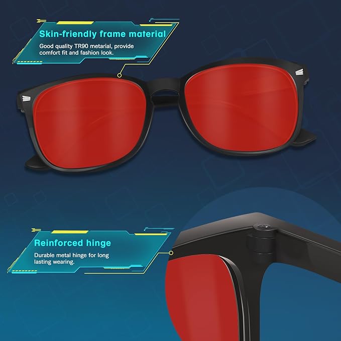 Sleep Glasses with Red Lens - 99.9% Blue Green Blocking for Computer, Gaming, TV, Phone Screens, Reduce Eyestrain, for Women & Men