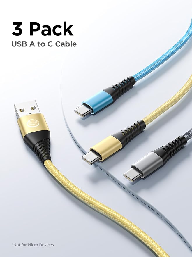 USB C Cable 10FT 3Pack Fast Charging Nylon Braided Long Type C Charger Cable for Samsung Galaxy S24 S23 S22 S21 S10 S9 S8 A02s A03s A11 A12 A13 A14 A21 A22 A32 A42 A53, Tablet, LG, Moto, TCL