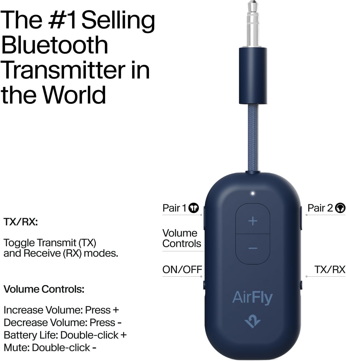 Twelve South AirFly Pro 2 Bluetooth 5.0 Transmitter/Receiver for TV/Airplane to 2 Wireless Headphones – Wireless Adapter for AirPods, Airplane, Car, Gym, Home, Use with Any 3.5 mm Audio Jack, Blue