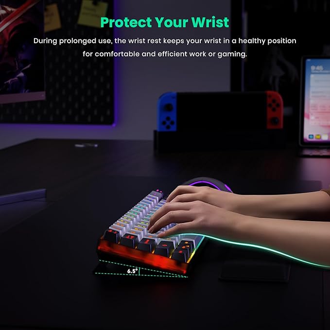 Wireless Gaming Keyboard and Mouse and Cooling Gel Wrist Rest, 68 Keys Compact Anti-ghosting No-Conflict Rechargeable Backlit Keyboard, 6D 3200DPI Mice, Cooling Gel Wrist Rest