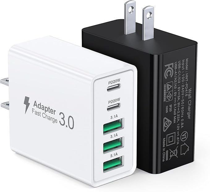 [2-Pack] USB C Wall Charger, 50W USB C Charger Block 5-Port PD Fast Charging Blocks + QC Power Adapter Brick Cube Multiport USB A Plug,Type C Cube for iPhone 17/16/15/14/13/12/Pro,Samsung,for Switch
