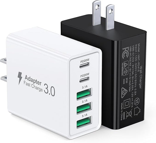 [2-Pack] USB C Wall Charger, 50W USB C Charger Block 5-Port PD Fast Charging Blocks + QC Power Adapter Brick Cube Multiport USB A Plug,Type C Cube for iPhone 17/16/15/14/13/12/Pro,Samsung,for Switch