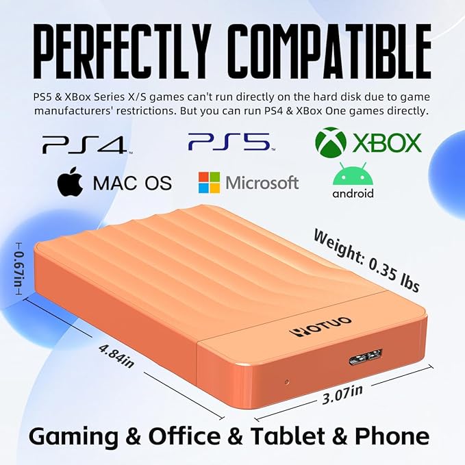 Portable External Hard Drive Storage Expansion Mobile HDD USB 3.0 for PC, Mac, Desktop, Laptop, PS4, PS5, Xbox One X/S, Xbox 360, Xbox Series X/S, Office & Game (Orange, 500GB)