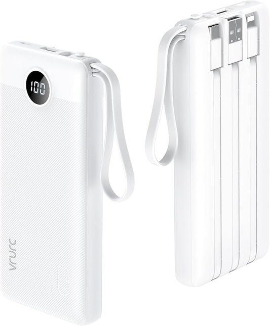 VRURC Portable Charger Power Bank, 10000mAh Travel Essentials Battery Pack, 5 Outputs 2 Inputs Slim Charing Bank Built-in Cables Cords Wires Compatible with iPhone,Samsung,Android-White(1 Pack)