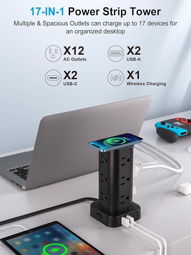 Power Strip Tower with Wireless Charger, Flat Plug Surge Protector Tower with 15FT Extension Cord, 12 AC Multiple Outlets, 4 USB (2 USB C),15W Wireless Charging Power Tower for Home Office Dorm, Black