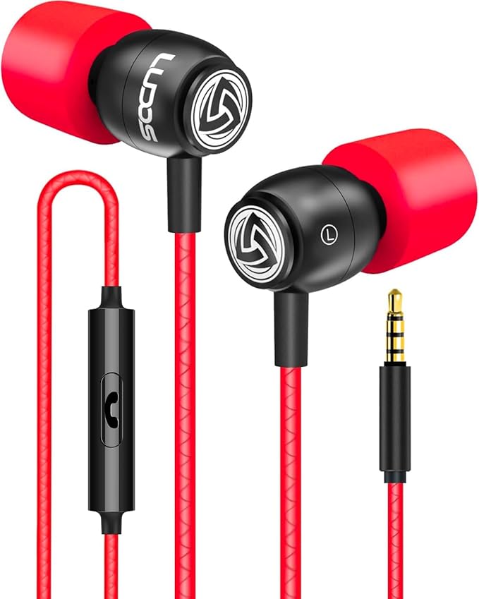 LUDOS Clamor Wired Earbuds in-Ear Headphones, 5 Years Warranty, Earphones with Microphone, Noise Isolating Ear Buds, Memory Foam for iPhone, Samsung, School Students, Kids, Women, Small Ears - Red