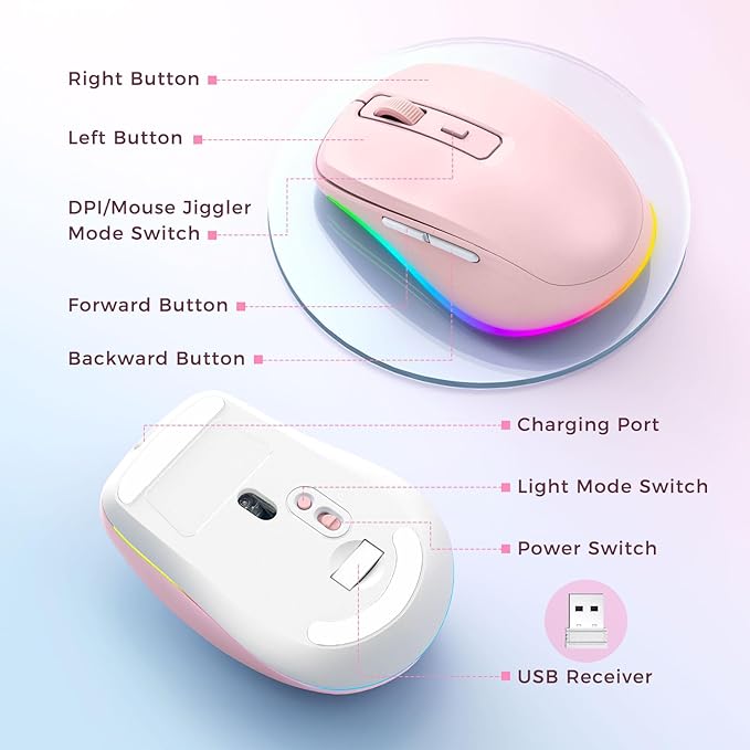 PEIOUS Mouse for Laptop, Wireless Mouse Jiggler - LED Wireless Mice with Build-in Mouse Jiggler Mover, Rechargeable Moving Mouse for Laptop Undetectable Keeps Computer Awake - Pink