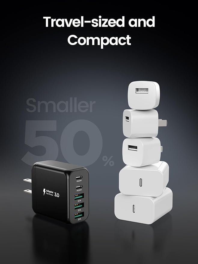 USB C Charger Block, Type C Charger Fast Charging,Total 50W 5-Port USB Wall Charger Multiport Type C Charging Block Cube for iPhone 17/16/15/14/13/12/11 Pro Max XS, iPad, Samsung & More-Black