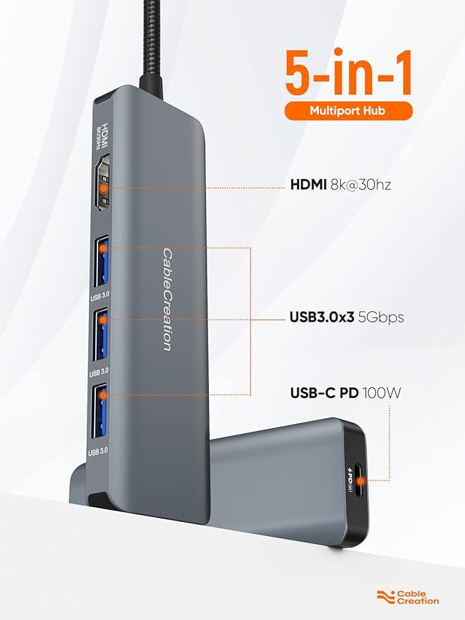 CableCreation 8K HDMI USB C Hub for MacBook Pro, 5-in-1 USB C Multiport Adapter with 100W PD, 3 USB 3.0 Ports, 8K 30Hz/4K 120Hz HDMI, Compatible with Steam Deck, Surface Pro, XPS and More - Space Grey
