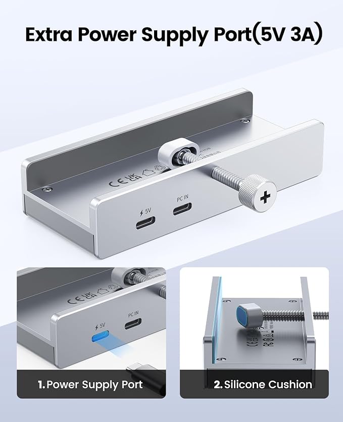 ORICO USB Hub 3.0, Clamp USB Hub with Extra Power Port, 3 USB-A Data Ports, USB-C Port for Monitors, Desks(Silver)
