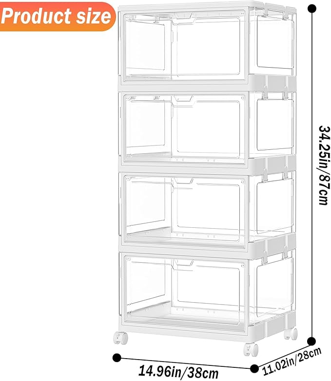 Clear Storage Bins with Lid 24Qt, 4 Pack Stackable Storage Bins, Acrylic Organizers, Plastic Multifunctional Folding Storage Bins, Plastic Stackable Storage Box for Bedroom, Living Room, Office