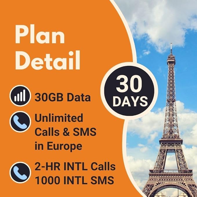 Orange Holiday Europe Prepaid Sim 30GB Internet Data | 30 Days-Use | Data tethering Allowed | 120min & 1000 SMS from Europe to Any Country Worldwide+1 Sim Card Holder+1 Pin