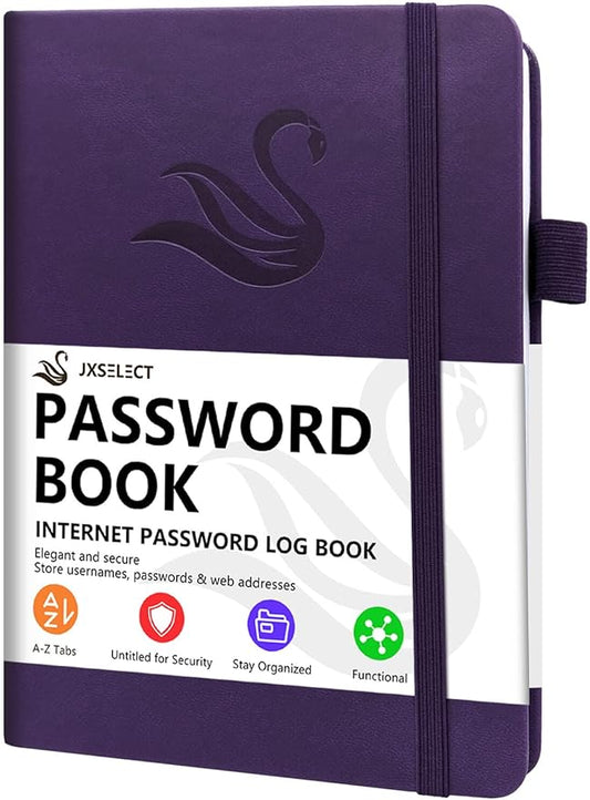 Elegant Password Book with Alphabetical Tabs - Hardcover Password Book for Internet Website Address Login - 5.2" x 7.6" Password Keeper and Organizer w/Notes Section & Back Pocket (Purple)