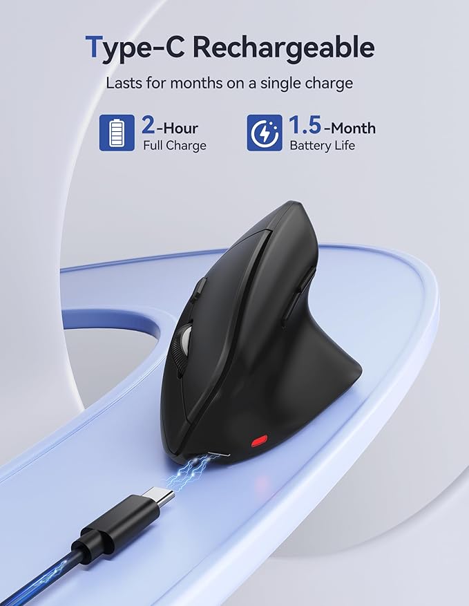 TECKNET Ergonomic Mouse, Wireless Vertical Mouse, 4800 DPI, Rechargeable Bluetooth Mice for Carpal Tunnel Right Hand, 3-Device Connectivity for Laptop, PC, MacBook, Black