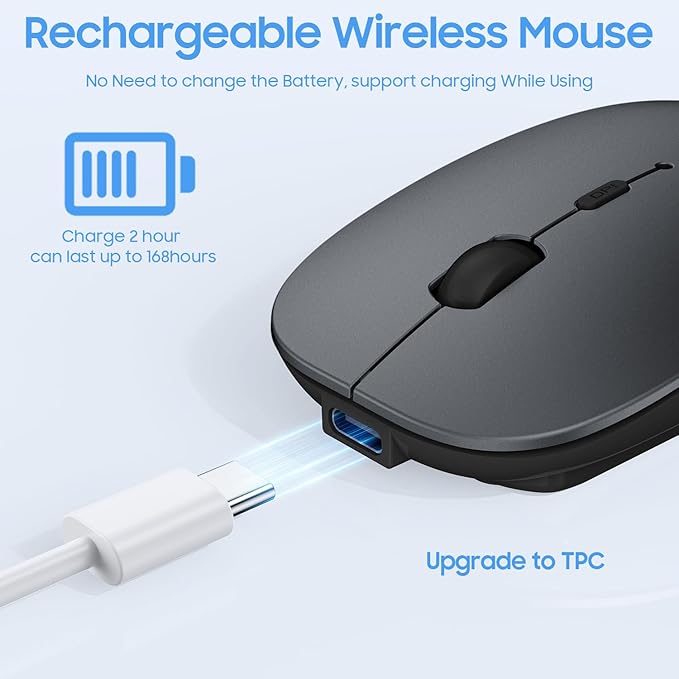 SUNGI Bluetooth Mouse,Wireless Slim Silent Mice USB Rechargable Mouse for iPad/MacBook/Tablet/PC/iPhone/Cellphone,Gray