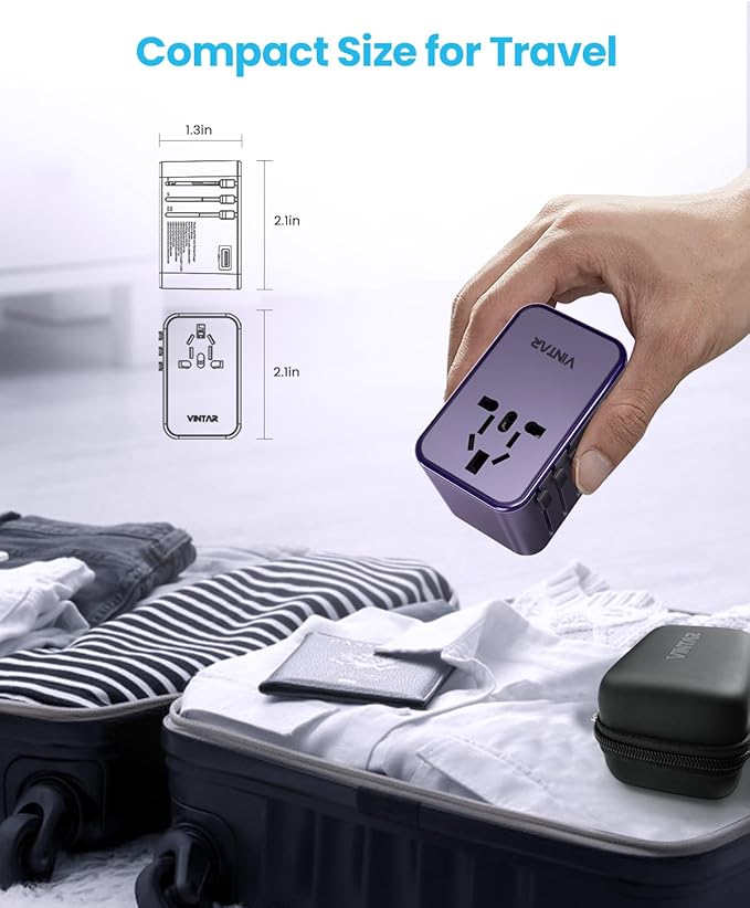 Universal Travel Adapter, VINTAR 75W GaN International Power Adapter with 3 USB-C PD and 2 USB-A QC Chrging Ports, All-in-one Outlet Converter Wall Charger for Europe UK USA AUS(Type C/G/A/I), Purple