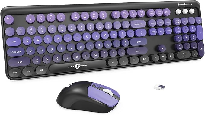 FD Wireless Keyboard and Mouse Combo | Cute Colorful Keyboard and Mouse with 2.4GHz Cordless Retro Typewriter Keyboard | Auto-Sleep | USB Receiver for Windows PC/Laptop - Black Purple Gradient