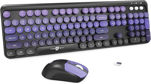 FD Wireless Keyboard and Mouse Combo | Cute Colorful Keyboard and Mouse with 2.4GHz Cordless Retro Typewriter Keyboard | Auto-Sleep | USB Receiver for Windows PC/Laptop - Black Purple Gradient