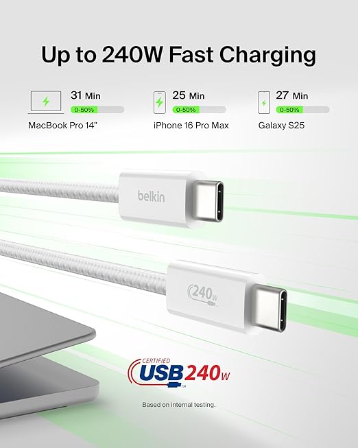 Belkin USB C to USB C Cable, 9.9ft, 240W - Type C Charger, iPhone Charger Cord, Soft, Braided, Flexible for iPhone 17, Galaxy S25, Pixel 10, MacBook, Chromebook, iPad Pro, Switch Steam Deck – White