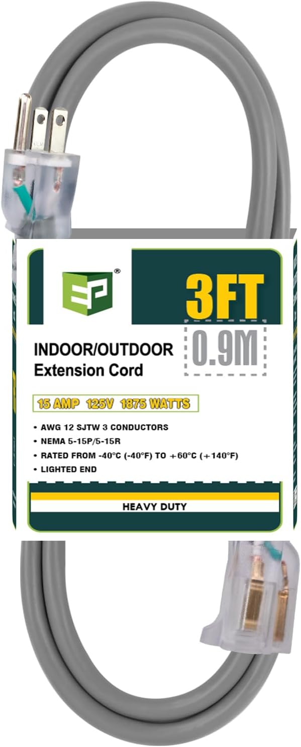 EP 3 Ft Lighted Extension Cord - 12/3 SJTW Heavy Duty Grey Extension Cable with 3 Prong Grounded Plug - Power Cord for Lawn, Garden, Appliances