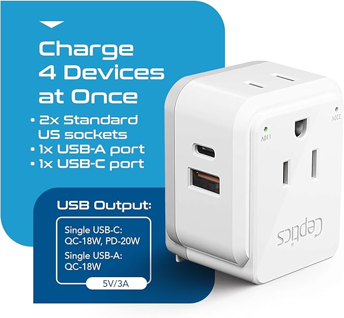 Ceptics Japan, Philippines Power Travel Plug Adapter Set, 20W PD & QC, Safe Dual USB & USB-C 3.1A - 2 USA Socket - Compact - Use in USA, Bahamas, Canada Includes Type A, Type B Swadapt Attachments