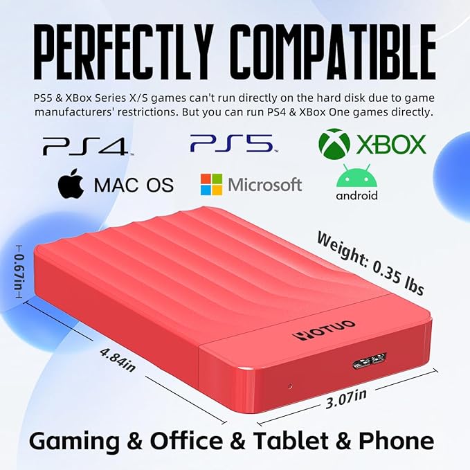 Portable External Hard Drive Storage Expansion Mobile HDD USB 3.0 for PC, Mac, Desktop, Laptop, PS4, PS5, Xbox One X/S, Xbox 360, Xbox Series X/S, Office & Game (Red, 500GB)