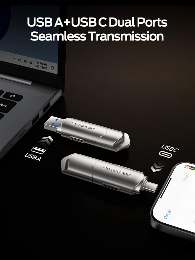 MOVE SPEED USB Drive 1TB External SSD 1000MB/s USB 3.2 Gen2+USB C Dual Ports Portable Zinc Alloy Thumb Drive Stick, External Drive with Metal Casing for iPhone 15/16/17 Series/Mac/Android Phone