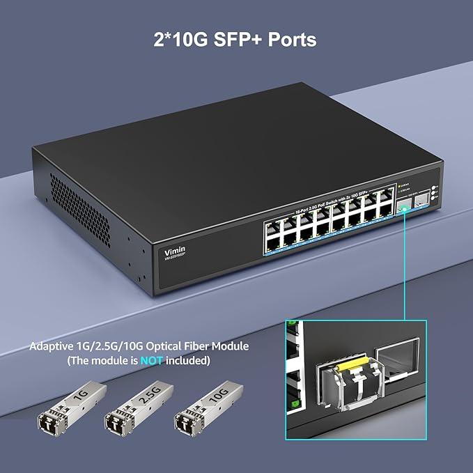 16 Port 2.5G PoE Switch Unmanaged with 2X 10Gbps SFP, VIMIN 16x 2.5G Base-T PoE Ports, 10G SFP PoE Switch w/ 120Gbps Ethernet Switching Capacity, IEEE802.3af/at, 250W, VLAN, Metal Housing, Fanless
